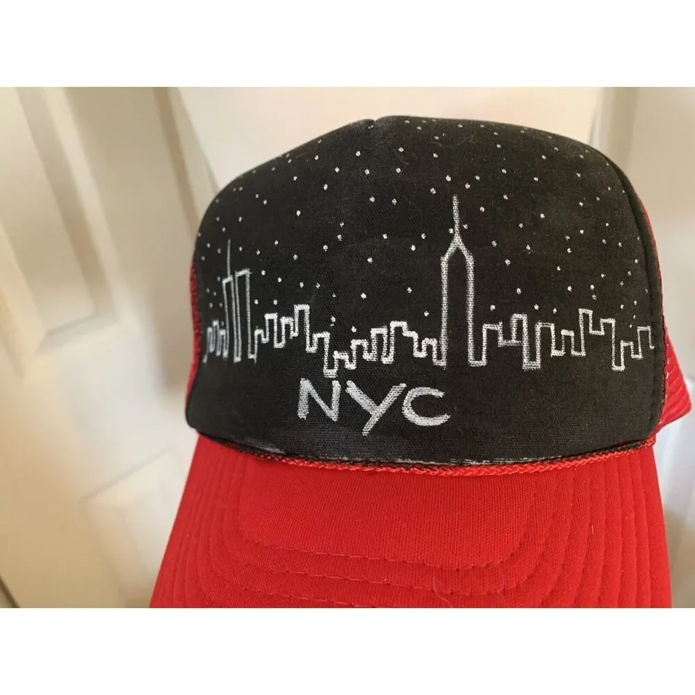 Vintage Hand Painted Nissan Trucker Cap Red/Black NYC Skyline - Picture 7 of 7